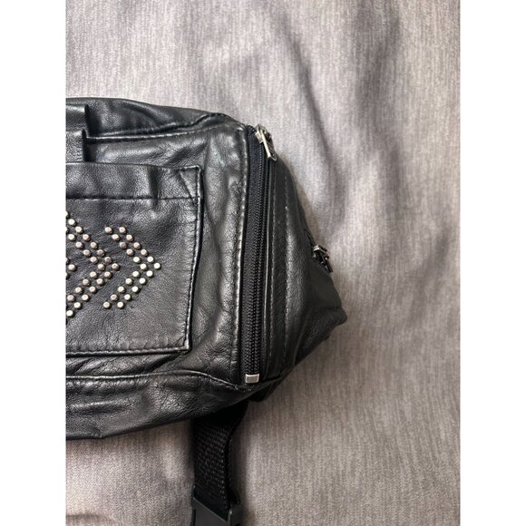 Vintage Leather Studded Belt Bag Unisex Zipper Pockets Travel Bag Black - Picture 5 of 9
